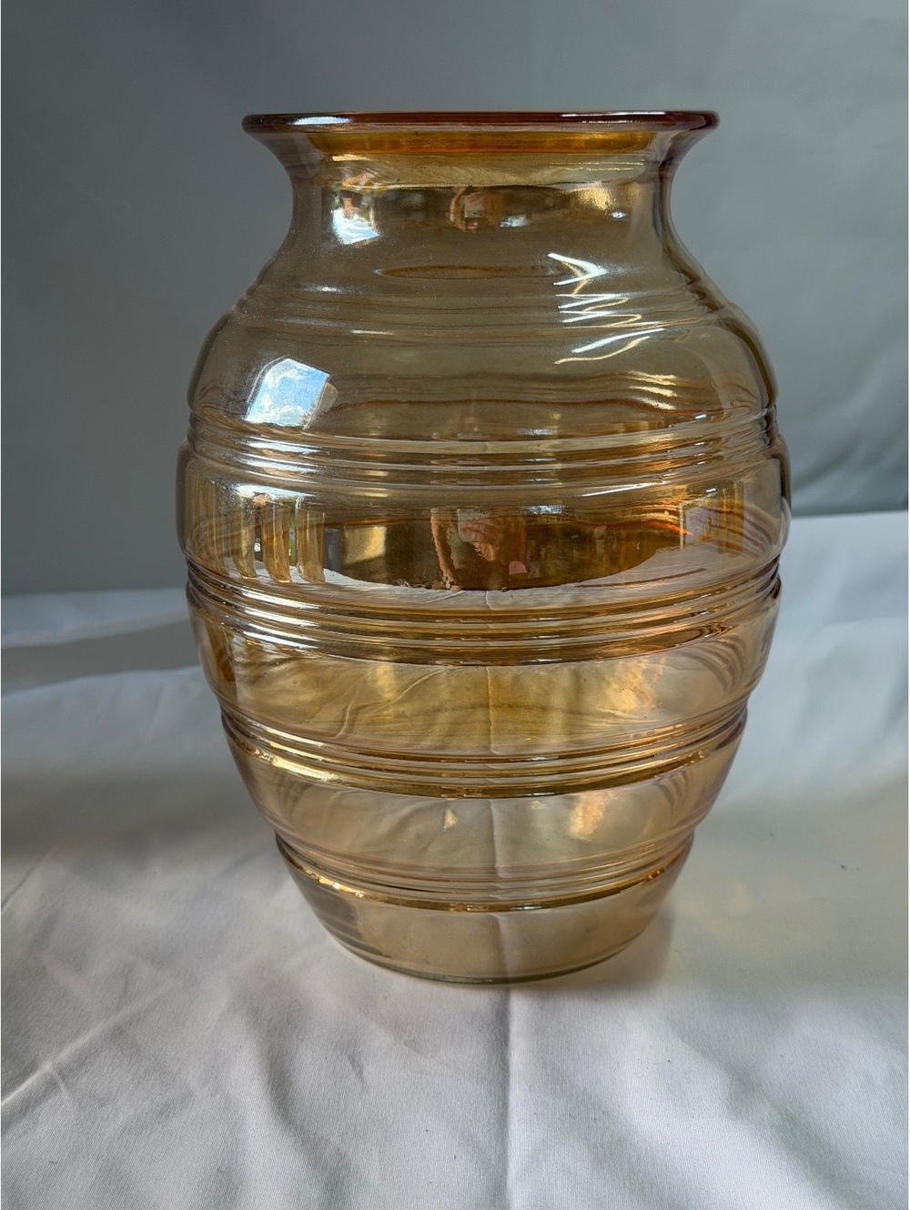 Vintage Gold Glass Vase Art Deco Ribbed Banded Barrel Vase 8” Amber MCM